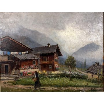 ANTICO QUADRO OLIO Francesco Vertice PAESAGGIO MONTANO PRIMAVERA BAITE ALPI '800