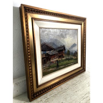 ANTICO QUADRO OLIO Francesco Vertice PAESAGGIO MONTANO PRIMAVERA BAITE ALPI '800