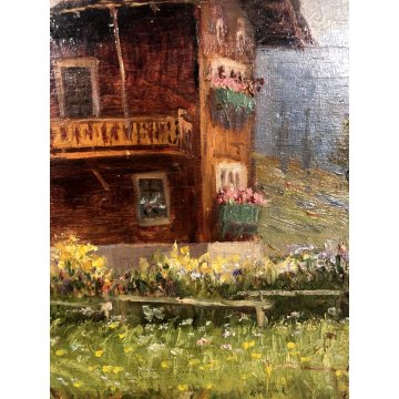 ANTICO QUADRO OLIO Francesco Vertice PAESAGGIO MONTANO PRIMAVERA BAITE ALPI '800