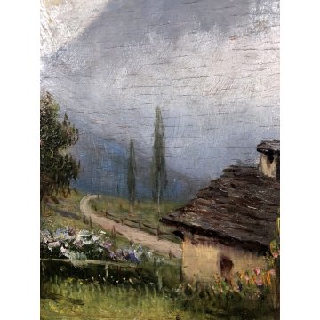 ANTICO QUADRO OLIO Francesco Vertice PAESAGGIO MONTANO PRIMAVERA BAITE ALPI '800