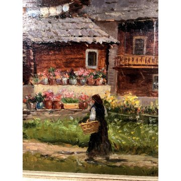 ANTICO QUADRO OLIO Francesco Vertice PAESAGGIO MONTANO PRIMAVERA BAITE ALPI '800