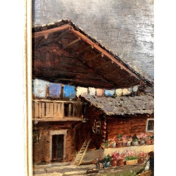 ANTICO QUADRO OLIO Francesco Vertice PAESAGGIO MONTANO PRIMAVERA BAITE ALPI '800