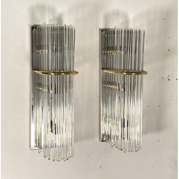 COPPIA APPLIQUE CASCATA GAETANO SCIOLARI ANNI 70/80 VETRO METALLO