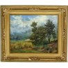 ANTICO QUADRO DIPINTO OLIO CORNICE PAESAGGIO MONTAGNA CAMPO DI GRANO RADURA