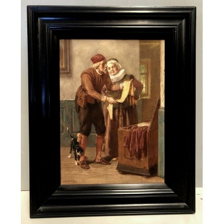 ANTICO QUADRO DIPINTO ACQUERELLO 800 SCENA INTERNI RITRATTO FIGURE ANZIANI GATTO