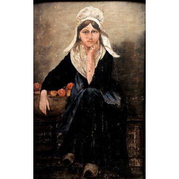 ANTICO QUADRO DIPINTO OLIO RITRATTO FIGURA GIOVANE DONNA CONTADINA OLANDESE '800