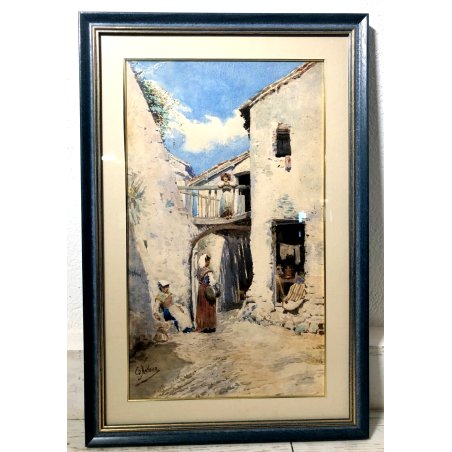 ANTICO QUADRO DIPINTO ACQUERELLO Edoardo Navone FIGURE SCENA RURALE REALISMO 800