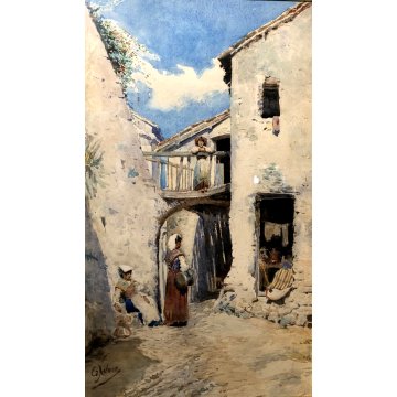 ANTICO QUADRO DIPINTO ACQUERELLO Edoardo Navone FIGURE SCENA RURALE REALISMO 800