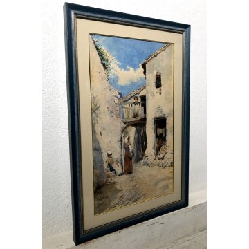 ANTICO QUADRO DIPINTO ACQUERELLO Edoardo Navone FIGURE SCENA RURALE REALISMO 800