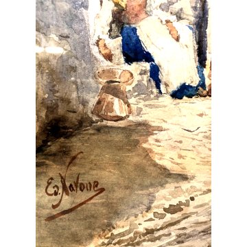 ANTICO QUADRO DIPINTO ACQUERELLO Edoardo Navone FIGURE SCENA RURALE REALISMO 800