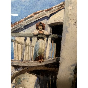 ANTICO QUADRO DIPINTO ACQUERELLO Edoardo Navone FIGURE SCENA RURALE REALISMO 800