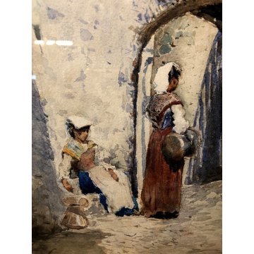 ANTICO QUADRO DIPINTO ACQUERELLO Edoardo Navone FIGURE SCENA RURALE REALISMO 800