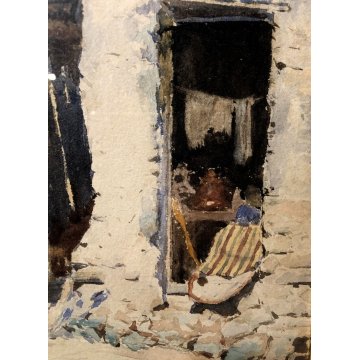 ANTICO QUADRO DIPINTO ACQUERELLO Edoardo Navone FIGURE SCENA RURALE REALISMO 800