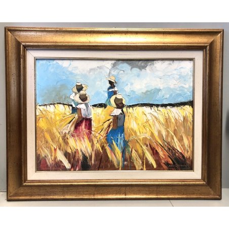 GRANDE QUADRO OLIO TELA Mario Berrino RITRATTO CONTADINI RACCOLTO CAMPO DI GRANO