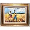 GRANDE QUADRO OLIO TELA Mario Berrino RITRATTO CONTADINI RACCOLTO CAMPO DI GRANO