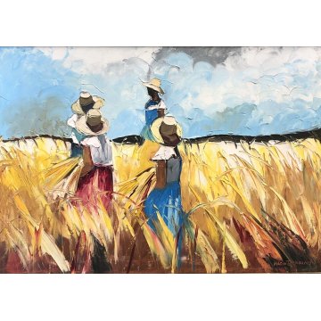 GRANDE QUADRO OLIO TELA Mario Berrino RITRATTO CONTADINI RACCOLTO CAMPO DI GRANO