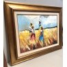 GRANDE QUADRO OLIO TELA Mario Berrino RITRATTO CONTADINI RACCOLTO CAMPO DI GRANO