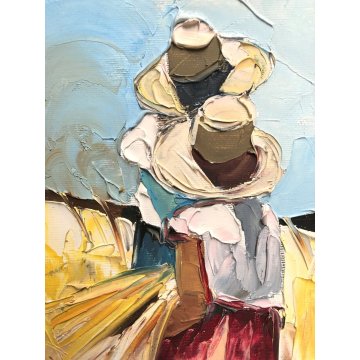 GRANDE QUADRO OLIO TELA Mario Berrino RITRATTO CONTADINI RACCOLTO CAMPO DI GRANO