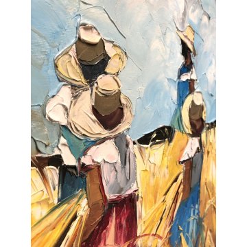 GRANDE QUADRO OLIO TELA Mario Berrino RITRATTO CONTADINI RACCOLTO CAMPO DI GRANO