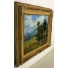 ANTICO QUADRO DIPINTO OLIO CORNICE PAESAGGIO MONTAGNA CAMPO DI GRANO RADURA