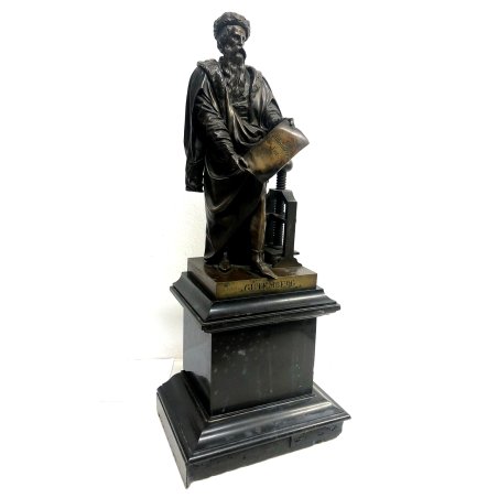 ANTICA SCULTURA BRONZO STATUA J. Gutenberg 40 cm/h  P. J. David BASAMENTO MARMO