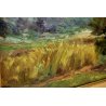 ANTICO QUADRO DIPINTO OLIO CORNICE PAESAGGIO MONTAGNA CAMPO DI GRANO RADURA