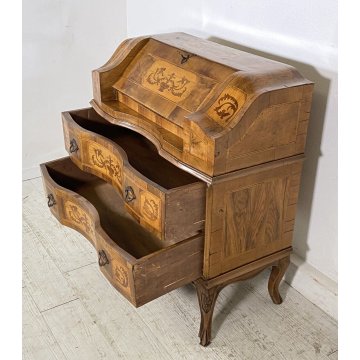 ANTICO MOBILE RIBALTA SCRITTOIO INTARSIATO LEGNO PRIMI 1900 SECRETAIRE LASTRONAT