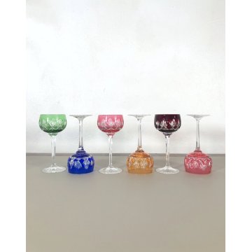 SET 6 CALICI BICCHIERI CRISTALLO VINTAGE CUT TO CLEAR MULTICOLORE GERMANY '50