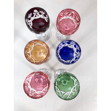 SET 6 CALICI BICCHIERI CRISTALLO VINTAGE CUT TO CLEAR MULTICOLORE GERMANY '50