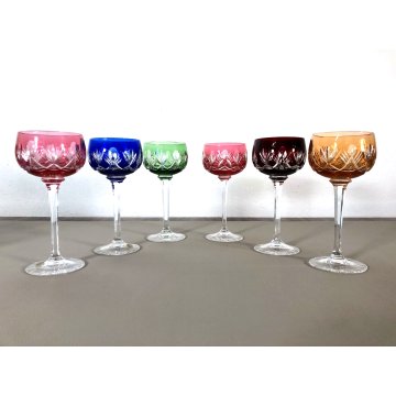 SET 6 CALICI BICCHIERI CRISTALLO VINTAGE CUT TO CLEAR MULTICOLORE GERMANY '50