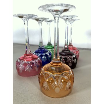 SET 6 CALICI BICCHIERI CRISTALLO VINTAGE CUT TO CLEAR MULTICOLORE GERMANY '50