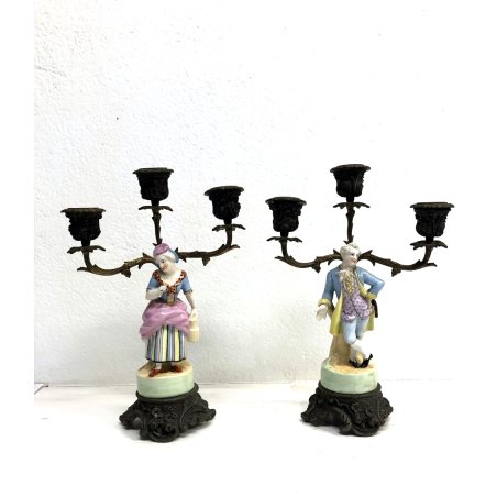COPPIA CANDELABRO FIGURA PORCELLANA STATUINA VINTAGE DAMA CAVALIERE 3 LUMI '900