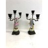 COPPIA CANDELABRO FIGURA PORCELLANA STATUINA VINTAGE DAMA CAVALIERE 3 LUMI '900