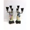 COPPIA CANDELABRO FIGURA PORCELLANA STATUINA VINTAGE DAMA CAVALIERE 3 LUMI '900