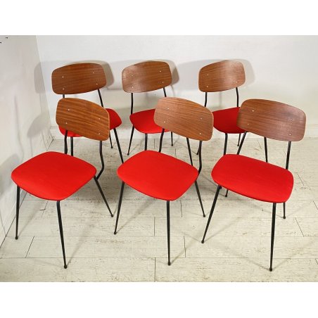 SET 6 SEDIA DESIGN VINTAGE FERRO LEGNO STOFFA ROSSA CHAIR ANNI 60/70 SALOTTO OLD