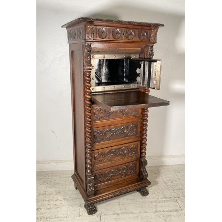 ANTICO SECRETAIRE RIBALTA MASCHERONE CASSAFORTE LEGNO NOCE FINE 1800 SICUREZZA