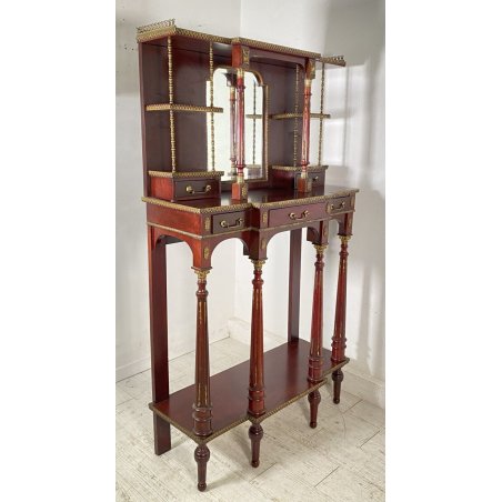 ANTICA CONSOLLE ETAGERE SPECCHIO ALZATA MOGANO PRIMI 1900 DECORI BRONZO CASSETTI