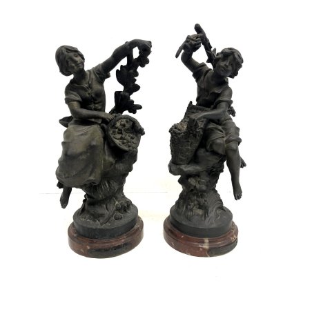 COPPIA ANTICA SCULTURA ANTIMONIO FANCIULLA Les raisins Les Cerises Par F. Moreau