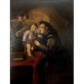 ANTICO DIPINTO OLIO Sant' Antonio da Padova GESU' BAMBINO GIGLIO RELIGIOSO '600