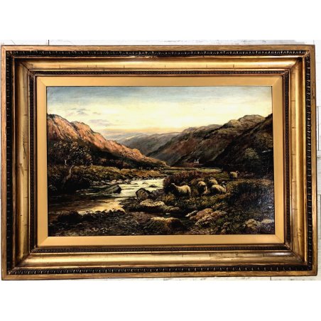 GRANDE QUADRO OLIO TELA R. Dearn Evening PAESAGGIO NORDICO GREGGE VALLE FIUME