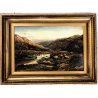 GRANDE QUADRO OLIO TELA R. Dearn Evening PAESAGGIO NORDICO GREGGE VALLE FIUME