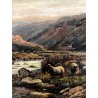 GRANDE QUADRO OLIO TELA R. Dearn Evening PAESAGGIO NORDICO GREGGE VALLE FIUME