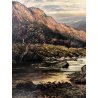 GRANDE QUADRO OLIO TELA R. Dearn Evening PAESAGGIO NORDICO GREGGE VALLE FIUME