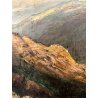 GRANDE QUADRO OLIO TELA R. Dearn Evening PAESAGGIO NORDICO GREGGE VALLE FIUME