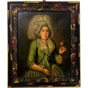 ANTICO QUADRO RITRATTO FEMMINILE GIOVANE DAMA con VELO FIORE VENTAGLIO SPAGNA