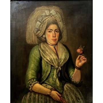 ANTICO QUADRO RITRATTO FEMMINILE GIOVANE DAMA con VELO FIORE VENTAGLIO SPAGNA