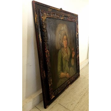 ANTICO QUADRO RITRATTO FEMMINILE GIOVANE DAMA con VELO FIORE VENTAGLIO SPAGNA