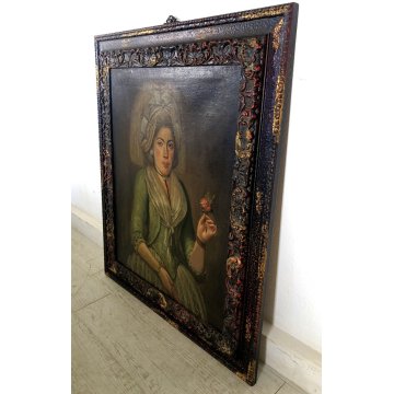 ANTICO QUADRO RITRATTO FEMMINILE GIOVANE DAMA con VELO FIORE VENTAGLIO SPAGNA