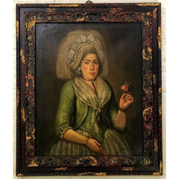 ANTICO QUADRO RITRATTO FEMMINILE GIOVANE DAMA con VELO FIORE VENTAGLIO SPAGNA