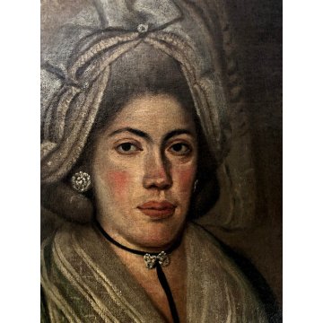 ANTICO QUADRO RITRATTO FEMMINILE GIOVANE DAMA con VELO FIORE VENTAGLIO SPAGNA